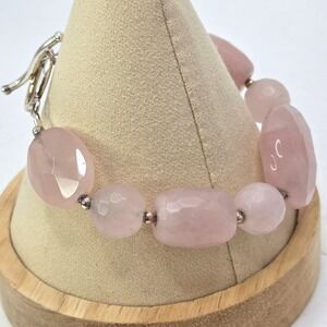 Sally C SX Rose Quartz Beaded Bracelet Toggle Clasp .925‎ Sterling Silver 7.75"